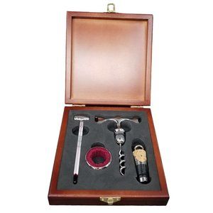 Wine Accessory 4 Pc Set Rosewood Box Bottle Opener Thermometer Pour Stopper Ring